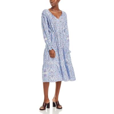 Koko + Mason Womens Blue Front Tie Tiered Smocked Midi Dress XS BHFO 4258