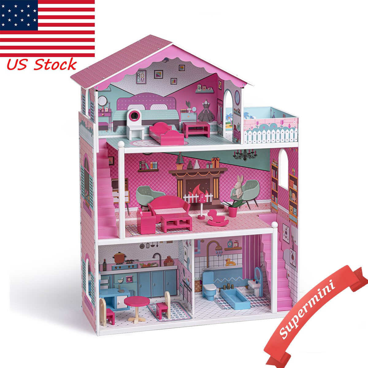 Wooden Dollhouse 4-Rooms with 18pcs Furniture Doll House Toy Gift for Kids