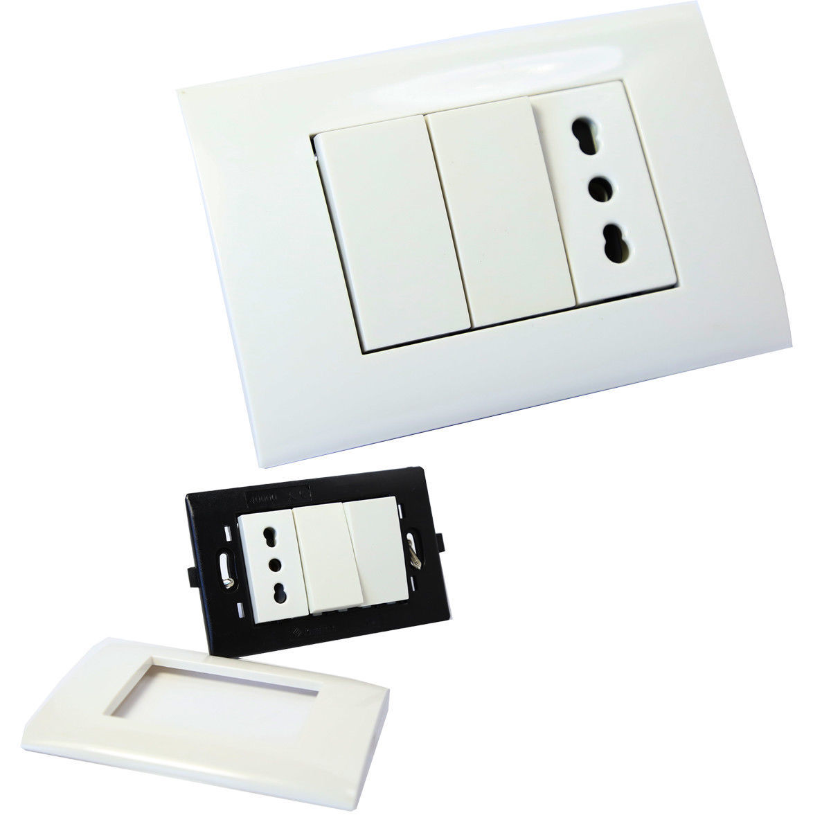 Placca Placchetta 3 Posti Completa 2 Interruttori Presa Bipasso Incasso 503 linq