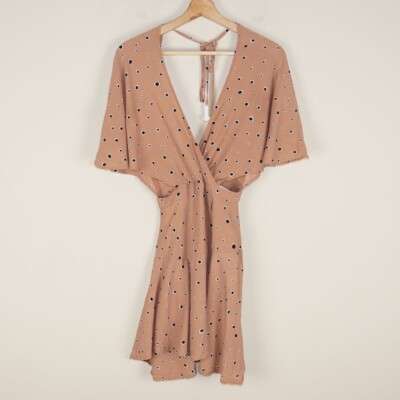 Faithfull the Brand Alto Brown Dot Print Side Cut Out Mini Dress Womens Sz 2