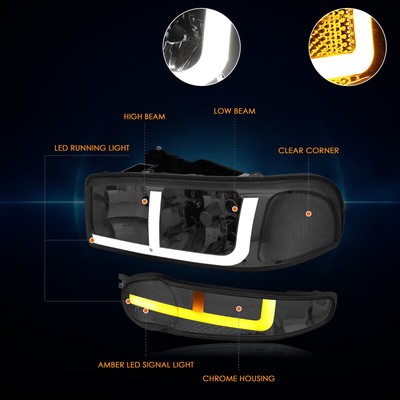 For 02-06 GMC Sierra/Yukon 1500 Denali OE Style LED DRL Headlights Smoked/Clear