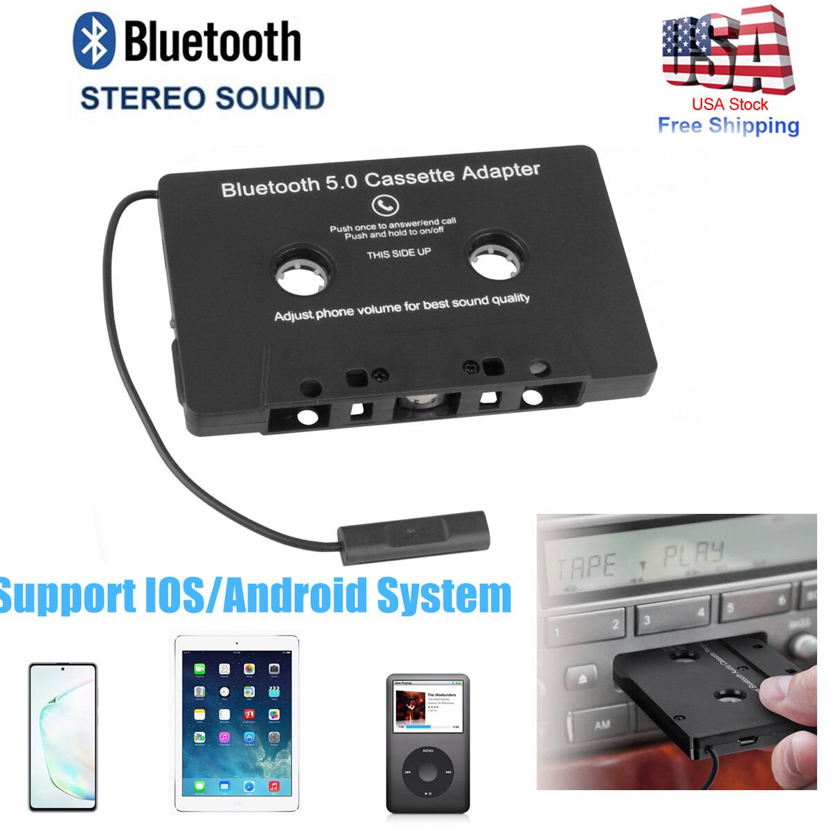 Bluetooth 5.0 Car Audio Stereo Cassette Tape Adapter To Aux for iphone Samsung A