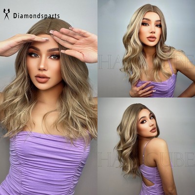Long Wavy Synthetic Highlight Brown Blonde Wigs Hair for Women Daily Fanshion