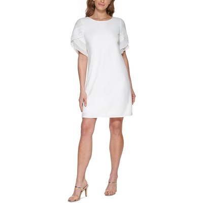 

Женское свободное платье прямого кроя цвета слоновой кости DKNY из шифона с рюшами и рукавами  BHFO 9686, Цвет слоновой кости