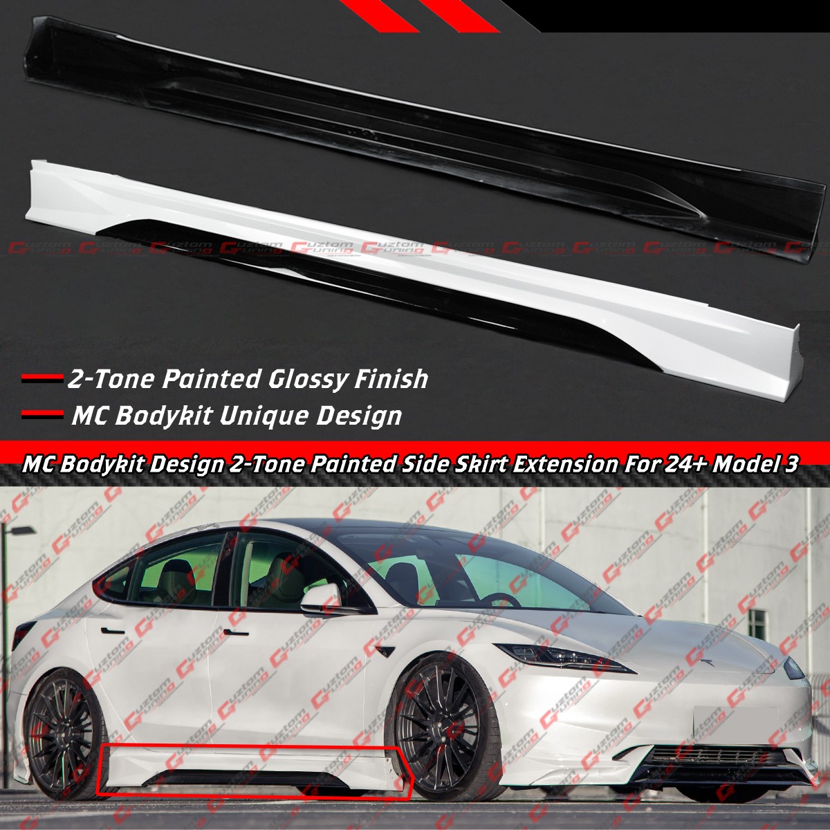For 24-26 Tesla Model 3 Highland MC Design Pearl White Blk Side Skirt Extension