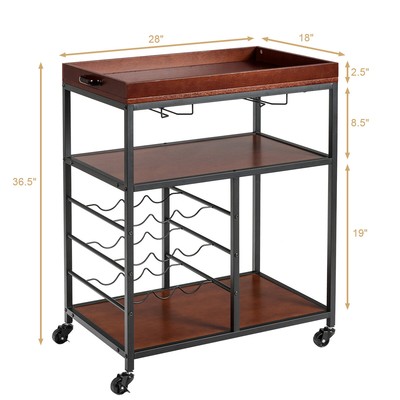3 Tier Kitchen Trolley Utility Bar Serving Cart with Wine Rack & Glass Holder