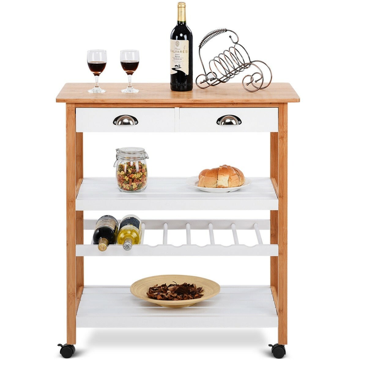 Kitchen Table Cart Wine Bottle Rack 2-Drawer Storage 2-Shelves Organizer Trolley