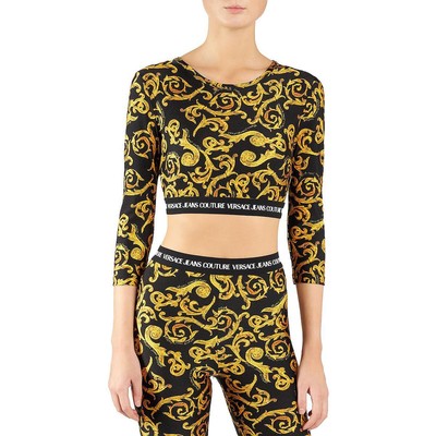 Женский черный трикотажный укороченный топ Versace Jeans Couture из стрейчевой ткани с принтом 2 BHFO 8616