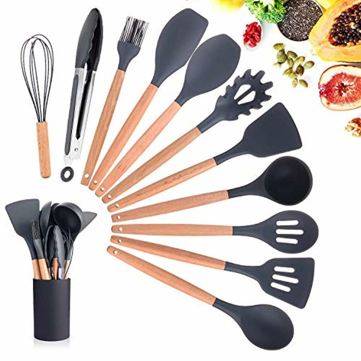 Silicone Cooking Utensils Kitchen Utensil Set, 11 Pieces Natural Wooden Handles  eBay