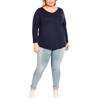 Женская синяя хлопковая футболка-пуловер с V-образным вырезом Avenue Womens Plus 14 BHFO 1361