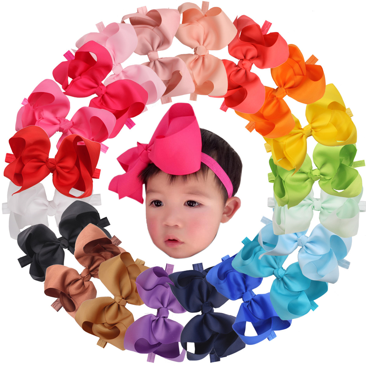 20pcs 6 Inch Bowd Baby Girls Headbands Grosgrain Ribbon Big Hair
