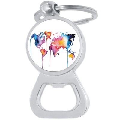 Watercolor World Map Globe Bottle Opener Keychain - Metal Beer Bar Tool Key Ring