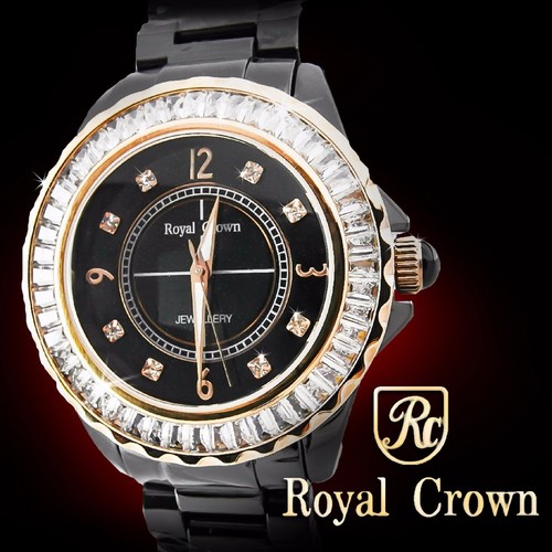 Pre-owned Royal Crown 3821m-4 Women's Wrist Watch 39mm Ceramic Case Cz Stones Ceramic Band