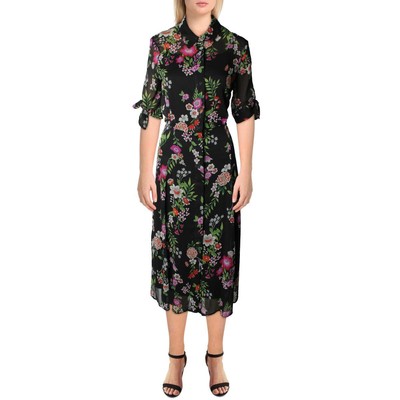 

Женское черное шифоновое платье-рубашка миди с цветочным принтом Calvin Klein  BHFO 0976, Black multi