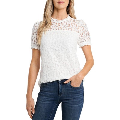 

Женская белая кружевная блузка с пышными рукавами CeCe, рубашка  BHFO 7120, Soft ecru