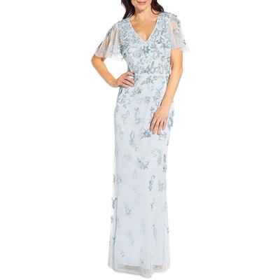 Женское голубое прозрачное вечернее платье с V-образным вырезом и блестками Aidan Mattox, 14 BHFO 3855