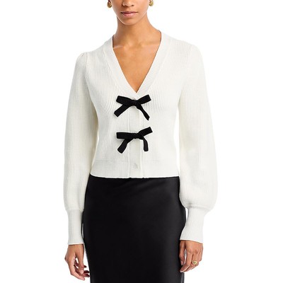 Aqua Womens Black-Ivory KnitBow V-Neck Cardigan Sweater XS BHFO 8757