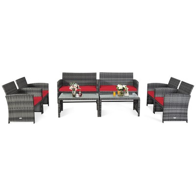 Topbuy 8PCS Outdoor Patio Furniture Set Rattan Wicker Sofa Set W/ Red Cushion