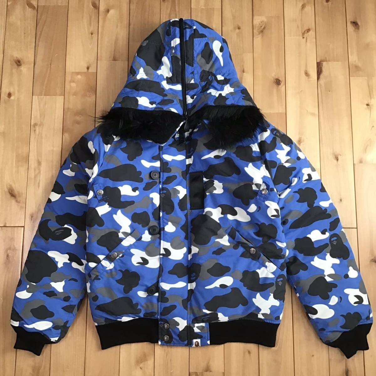 BAPE Blue camo hoodie fur down jacket A Bathing Ape Size L