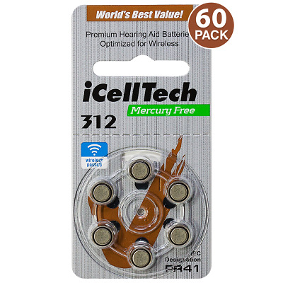 iCellTech Size 312 Hearing Aid Batteries PR41 Zinc Air 1.45V (60 Pack)