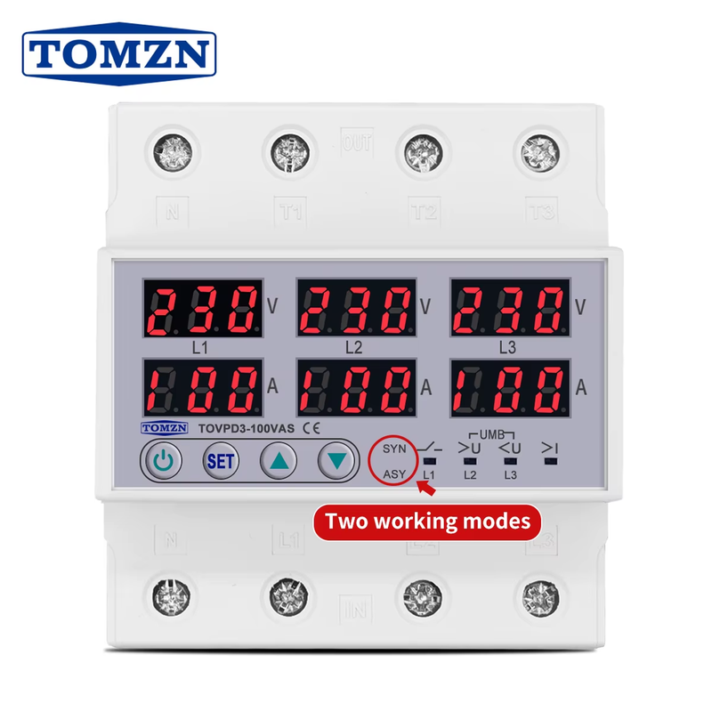 3 Phase 100A Din rail adjustable Over Under Voltage current limit protection Rel