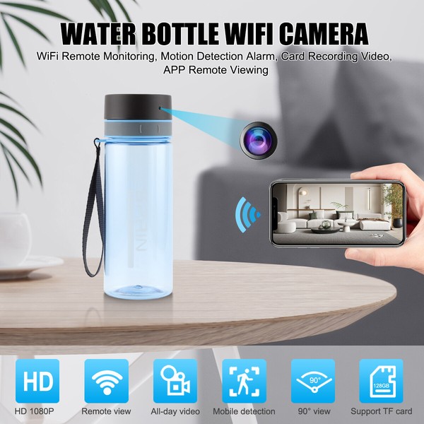 Smart water bottle with built-in WiFi camera and remote view.
