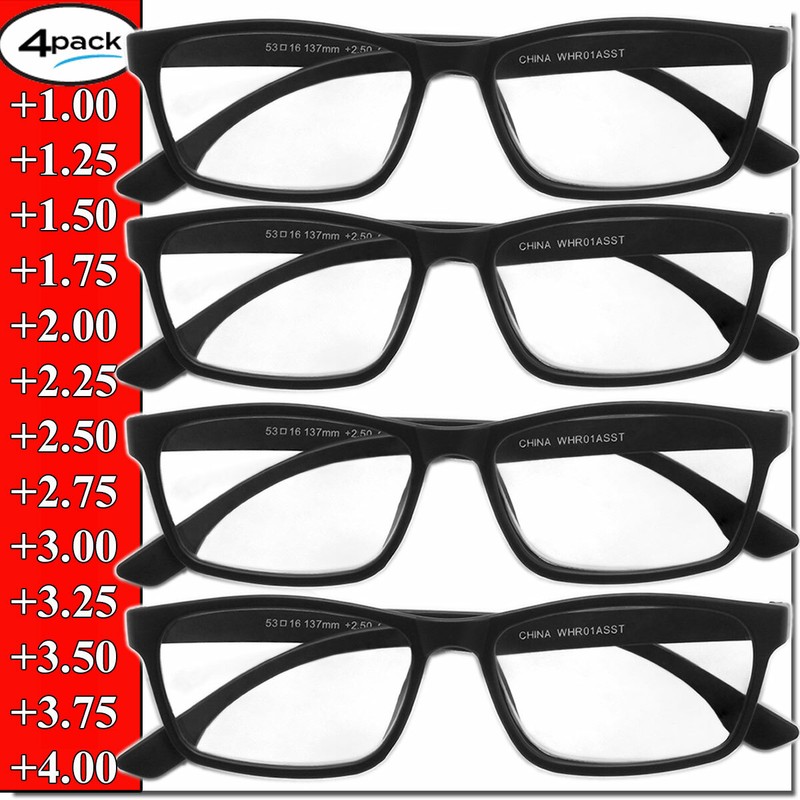 Reading Glasses Mens Womens Unisex Readers 4 PACK Square Frame