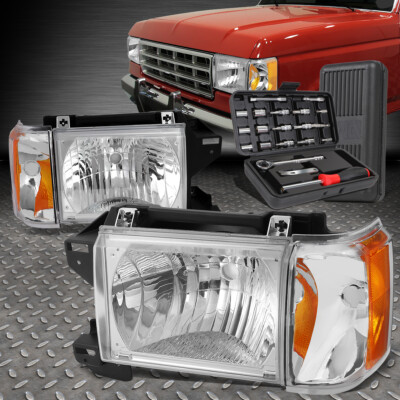 ДЛЯ 87-91 FORD F150 F250 BRONCO ХРОМИРОВАННЫЙ КОРПУС, ЯНТАРНЫЕ УГЛОВЫЕ ФАРЫ + НАБОР ИНСТРУМЕНТОВ