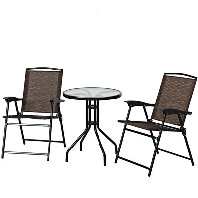 Topbuy 3 PCS Furniture Set Patio Garden Courtyard Table Folding Chairs Glass
