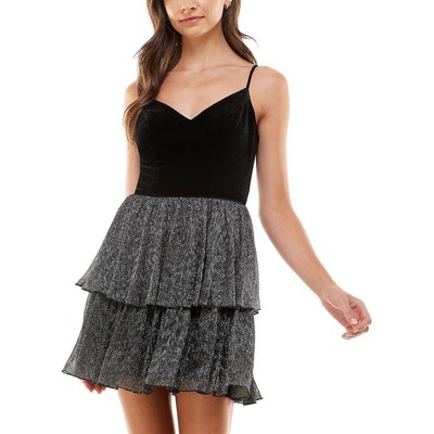 City Studios Womens Black Velvet Mini Fit & Flare Dress Juniors 1/2 BHFO 9613