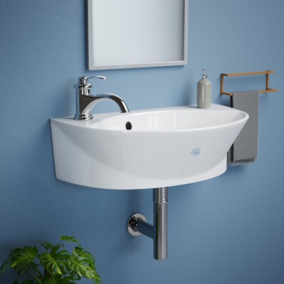 Small Wall Mount Sink White Porcelain with Overflow Left Side Faucet Hole