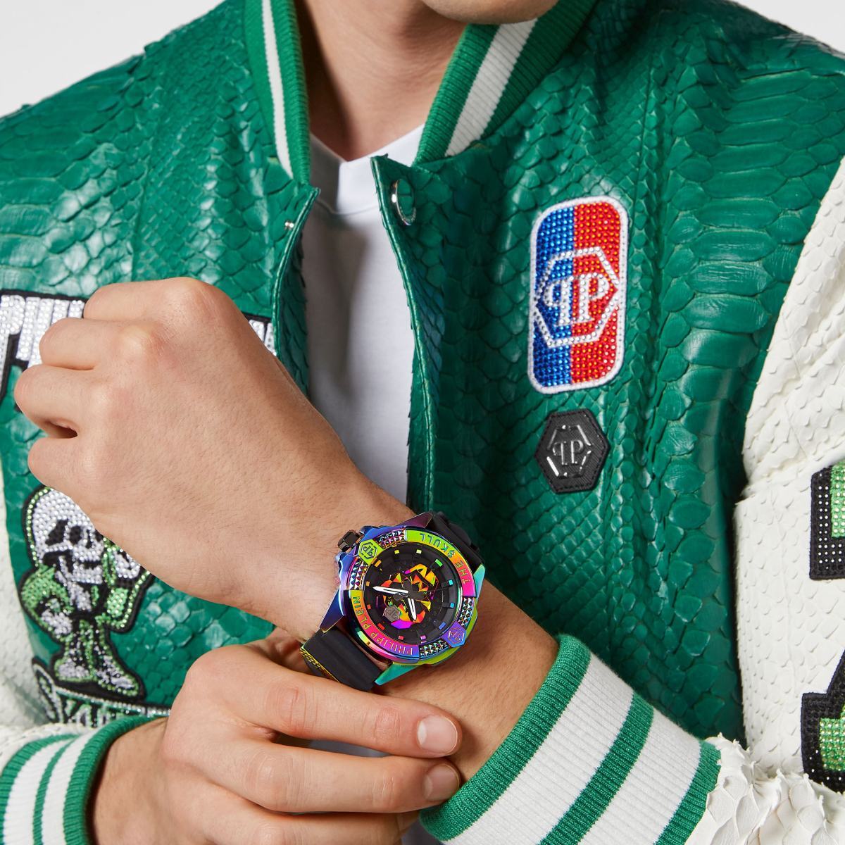 Pre-owned Philipp Plein Men's Watch Analog Quartz The $kull Rainbow Pwaaa2123 Silicone