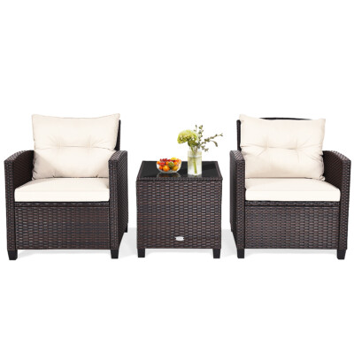 3PCS Patio Rattan Furniture Set Cushioned Sofa Coffee Table Garden off White