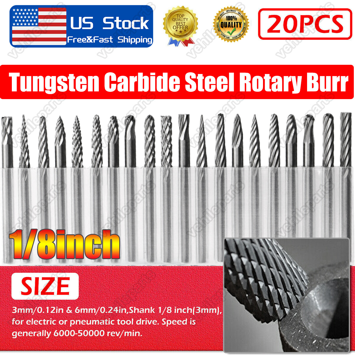 20Pcs Tungsten Carbide Steel Rotary Burr Die Grinder Bit 1/8in Shank Carving Set