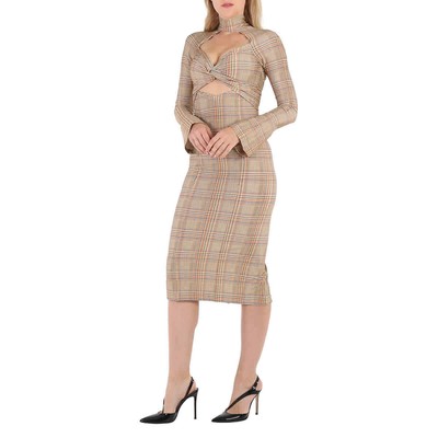 Pre-owned Burberry Ladies Dark Honey Cut-out Checked Midi Dress In Brown