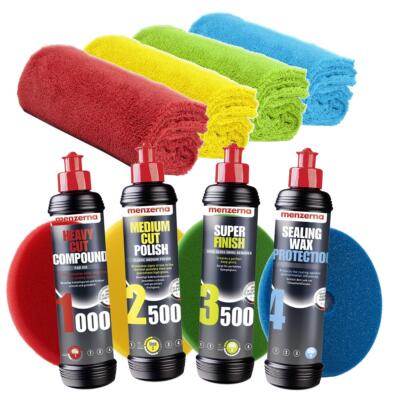 Autopolitur Set menzerna Polierpaste 1000 + 2500 + 3500 + Wax + Pads Mikrofaser