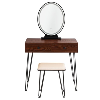 Topbuy Vanity Table Set Makeup Dressing Desk W/ Stool & Lighted Mirror Coffee