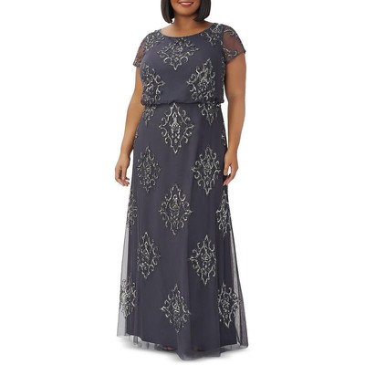 Женское серое макси-вечернее платье Adrianna Papell, расшитое бисером, 12 BHFO 1389