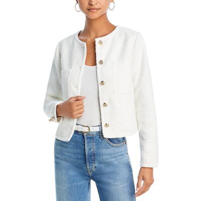 Aqua Womens White Tweed Button-Down Office Collarless Blazer Jacket S BHFO 8810