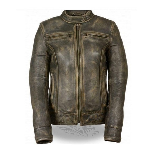 Pre-owned Milwaukee  Leather Womens Premium Cowhide Leather Distressed Brown Vented Motorcycle Jacket - Sa48
