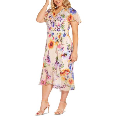 

Платье Adrianna Papell Womens Surplice Midi с цветочным принтом и запахом плюс BHFO 3294, Praline multi
