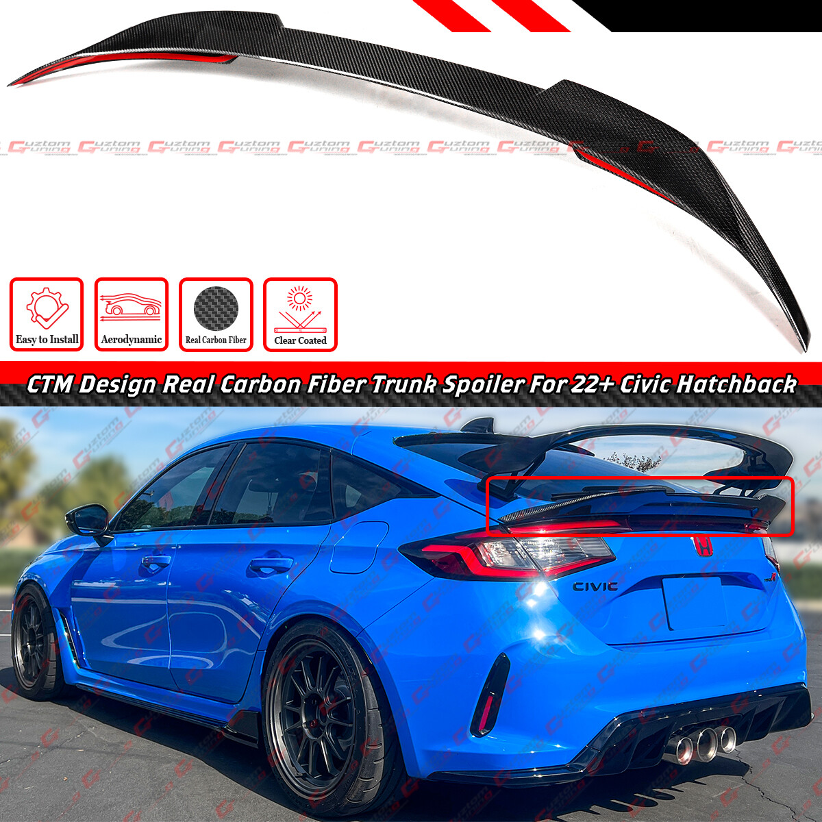 For 2022-26 Civic Hatchback Type R FL5 CTM Real Carbon Fiber Trunk Spoiler Wing