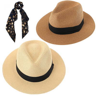 Panama Beach Hat for Women - 2 Pack Wide Brim Straw Hat for Summer Sun Beach
