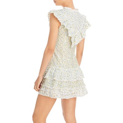 

LoveShackFancy Женское кружевное мини-платье с каскадными оборками и рукавами BHFO 7819, White garden stream