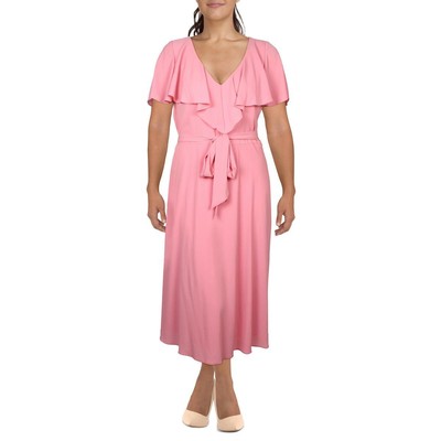 Женское многослойное вечернее платье миди из розового крепа Lauren Ralph Lauren 16 BHFO 3760