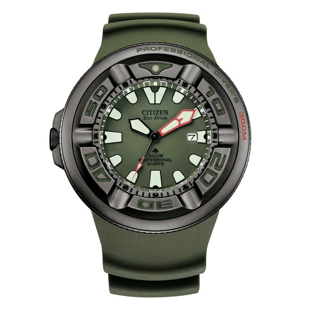 Pre-owned Citizen Diver Eco Divers 300m Green Dial Silicone Strap Men's Watch Bj8057-17x