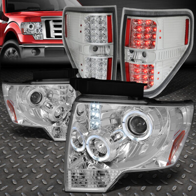 ДЛЯ 09-14 FORD F150 ХРОМИРОВАННЫЙ КОРПУС ФАРЫ ПРОЕКТОРА HALO RING + СВЕТОДИОДНЫЙ ЗАДНИЙ ФОНАРЬ