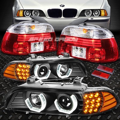 ЧЕРНАЯ 3D-ПРОЕКТОРНАЯ ФАРА HALO + LED + ХРОМИРОВАННЫЙ ЗАДНИЙ ФОНАРЬ ДЛЯ BMW 5-SERIES 4DR E39