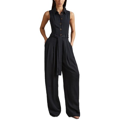 Reiss Womens Perla Navy Linen Blend Open Back Wide Leg Jumpsuit 2 BHFO 1651