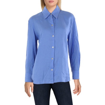 Женская синяя льняная блузка свободного кроя на пуговицах Vince Womens L BHFO 3826